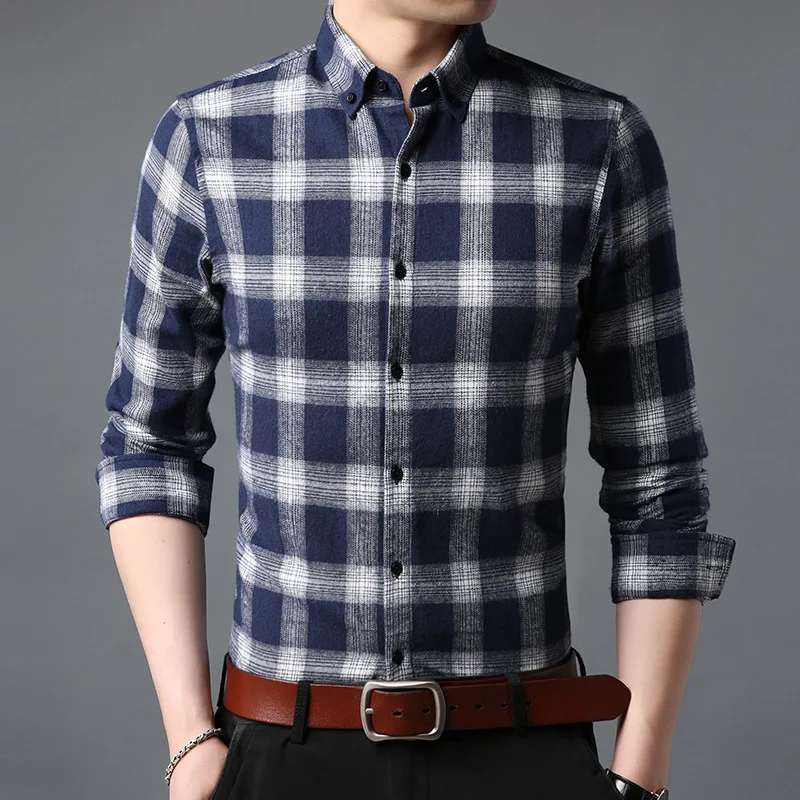 Fashion Brand Casual Cotton Shirt Men Button Up Brushed Street Plaid Shirts Trending Long Sleeve Top Quality Male Clothing Red