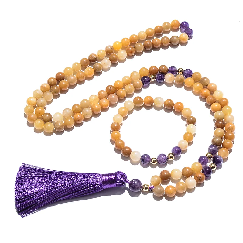 

8mm Amethyst Beads 108 Mala Necklace Meditation Yoga Prayer Jewelry Japamala Rosary Set Tassel Necklace