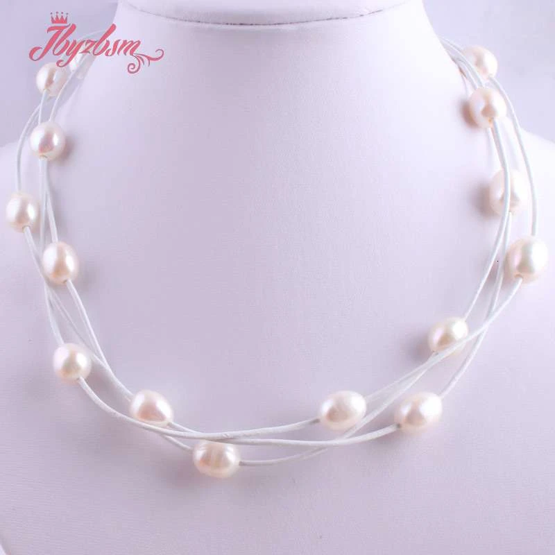 10-12mm Oval Freshwater Pearl Natural Stone Beads For Christmas New Year Gift Jewelry Leather Necklace Lobster Clasp 16\