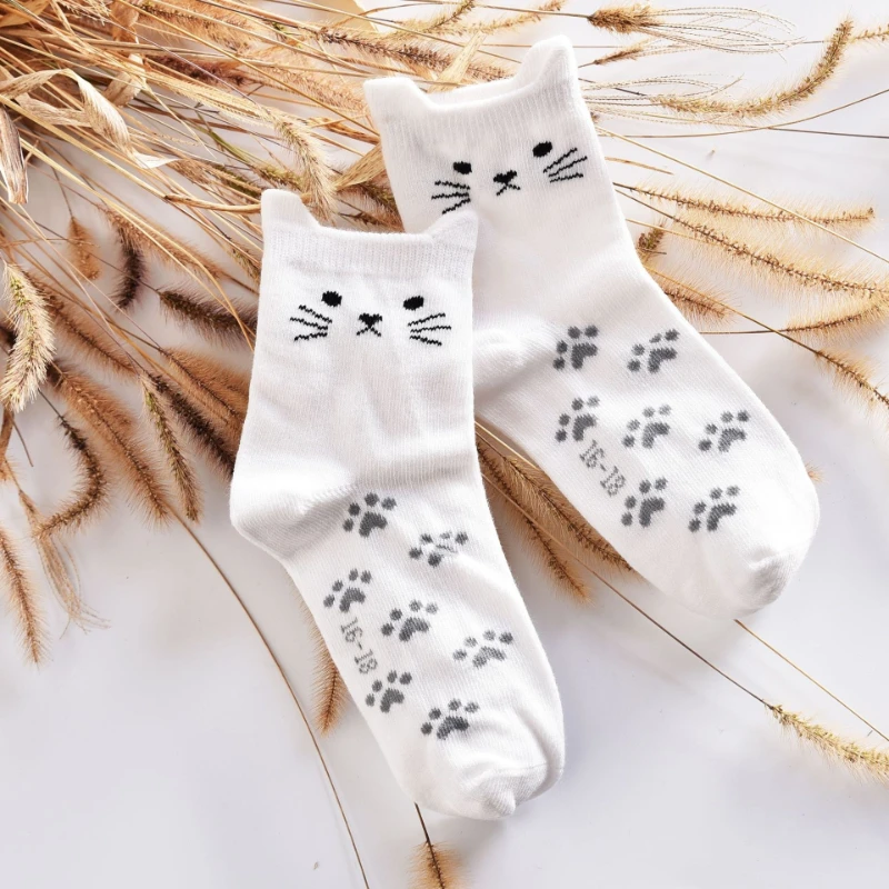 1 pair Kids Socks Cotton Lovely Cat Ear Footprints Candy Color Tube Socks Girls Boys Children Cartoon Animal Print Socks Fashion