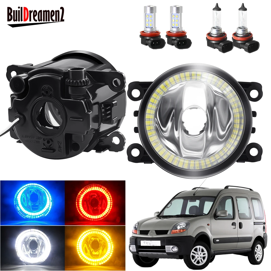 Angel Eye Fog Light Assembly For Renault Kangoo Grand Kangoo 2007-2015 Car H11 Front Bumper Fog Lamp with Halo Ring DRL 20W 12V