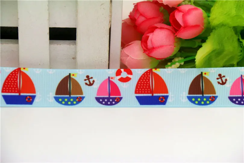 DHK 7/8'' 5yards sea boat printed grosgrain Ribbon headwear hair bow diy party decoration wholesale OEM 22mm E1199