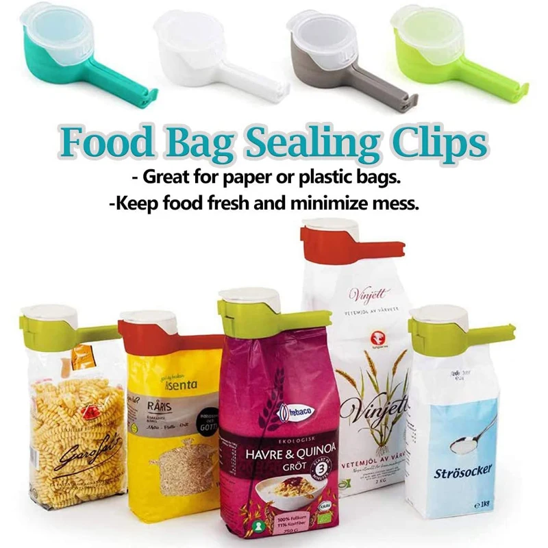 4 Pcs Seal Pour Food Storage Bag Clip Plastic Cap Sealer Clips with Cap Food Grade PP Pour Spout Snack Bag Clips Kitchen Tool