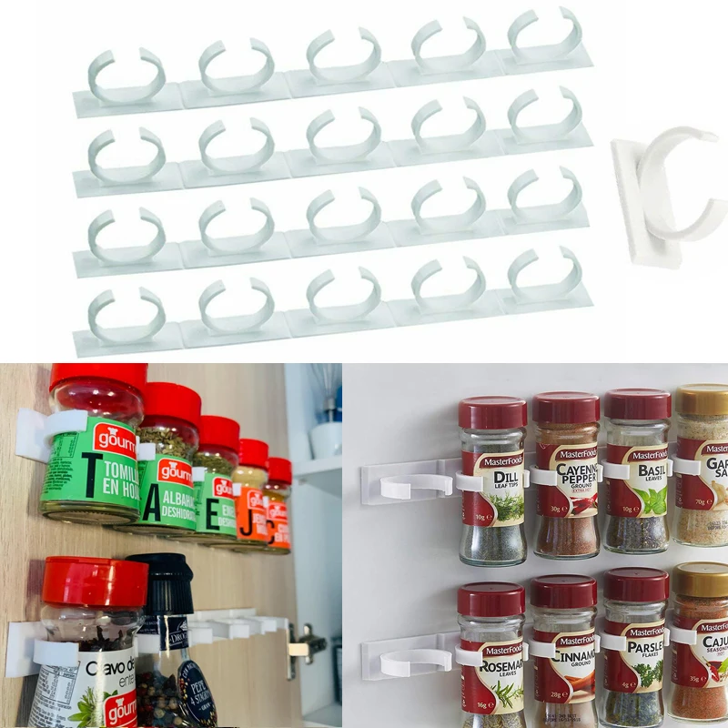 1/4 Pcs Wall Mount Home Kitchen Storage Rack Ingredient Spice Plastic Clip Rack Organizer Accessories Jars Spice Holder Tools