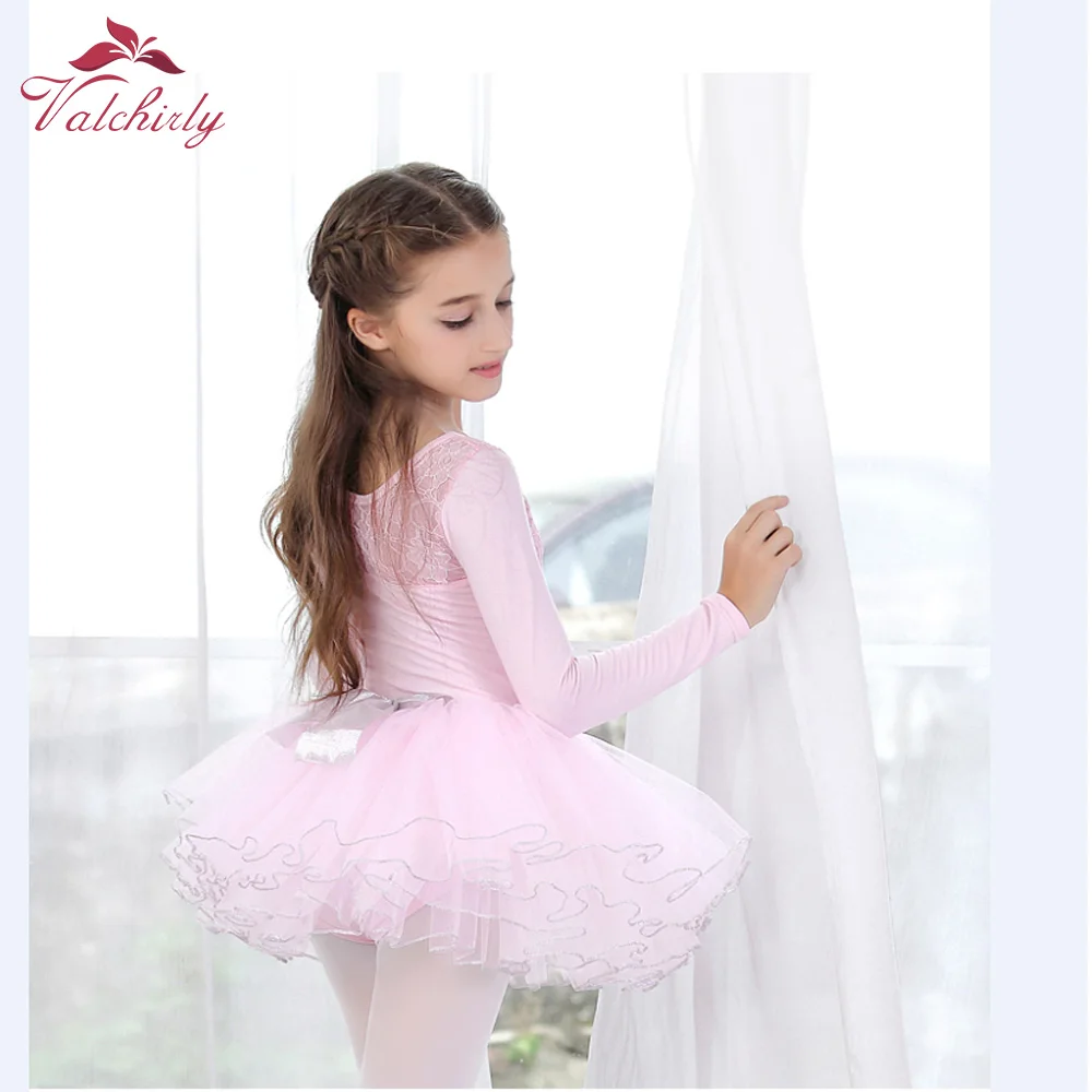 Blue Winter Long Sleeves Girls Ballet Leotard Tutu Dress Lace Dance Clothing Puffy Skirt for Kids