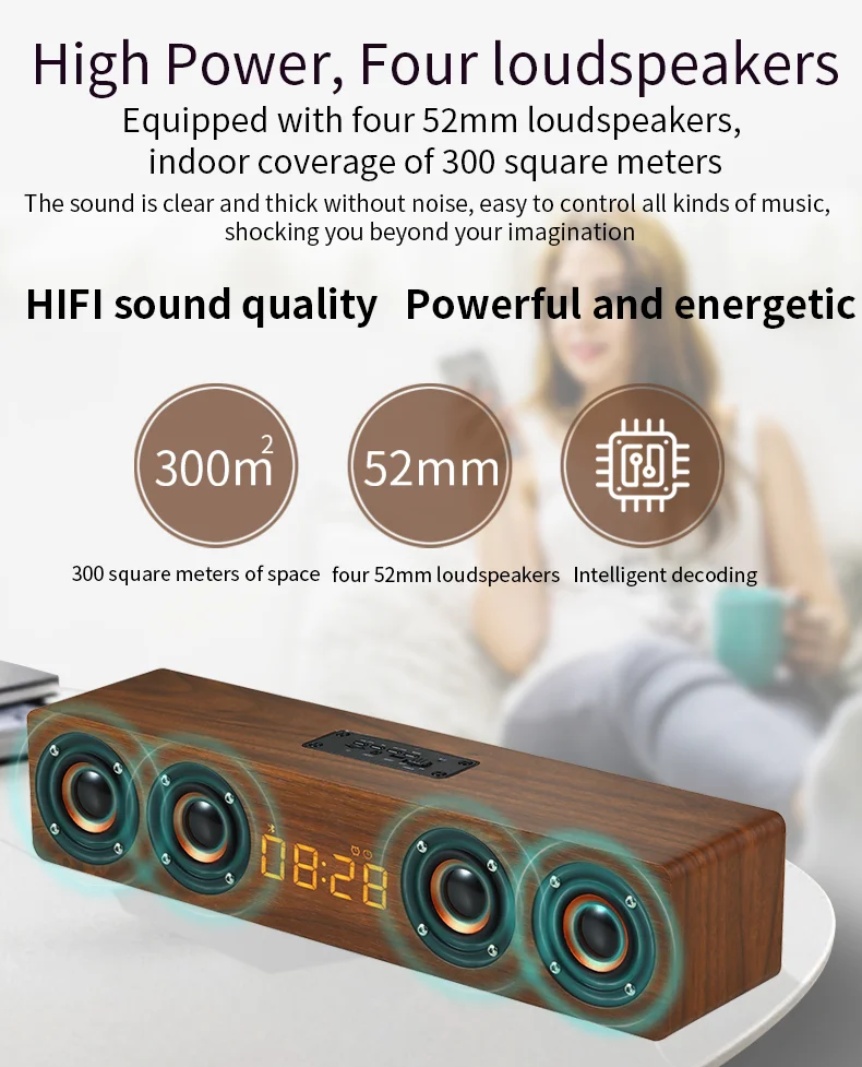 Soundbar in legno altoparlante Bluetooth sistema acustico musicale 20W HIFI Stereo Music Surround Display a LED altoparlante esterno con FM Radi