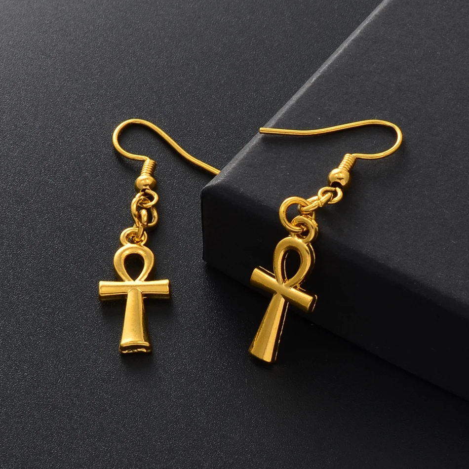 Anniyo Ankh Earrings for Women Girls Mama Gold Color African Egyptian Cross Charms Earring  Jewelry Egypt Hieroglyphs #229906