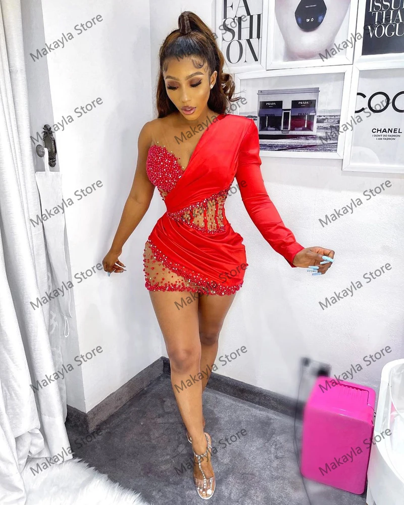 Sexy Kurzen Roten Party Kleider Aso Ebi Stil Mit Langen Ärmeln Schulter Sheer Sehen Thru Frauen Südafrika Mini Länge prom Kleider