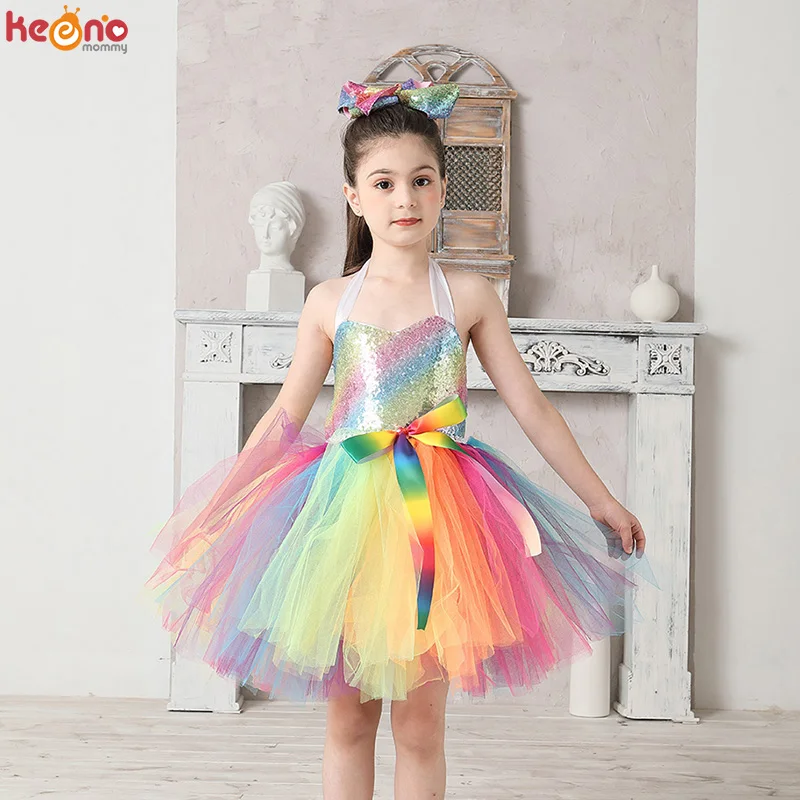 Rainbow Sequins Girl Princess Tutu Dress Kids Wedding Birthday Party Pageant Tulle Dresses Vestidos Children Bow Clothing