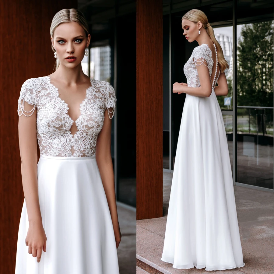 

Deep V-neck Cap Sleeves with Jewelry Illusion Back Sexy A-line Wedding Dresses Nude/White Floor Lenght Bridal Dress