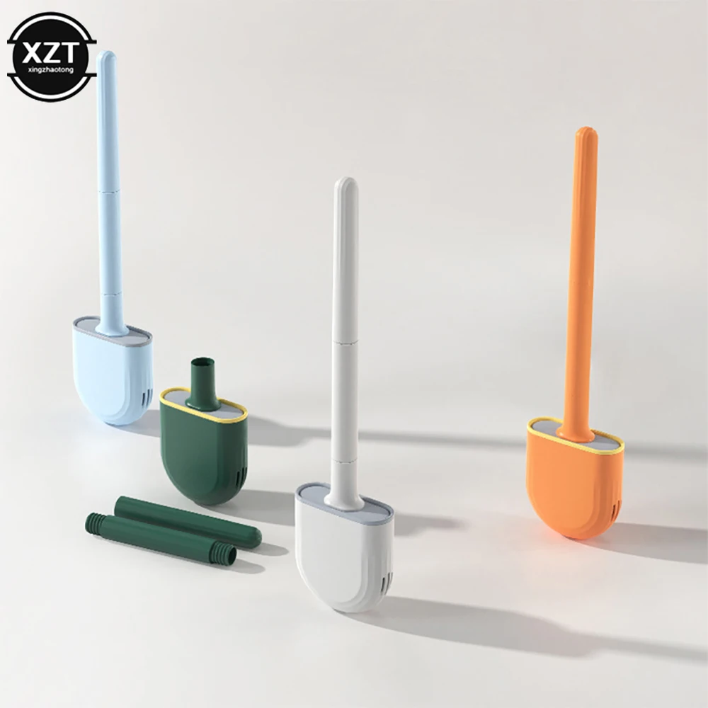 Soft Breathable Toilet Brush Water Leak Proof with Base Silicone Wc Flat Head Flexible Bristles Brush with Quick Drying Holder