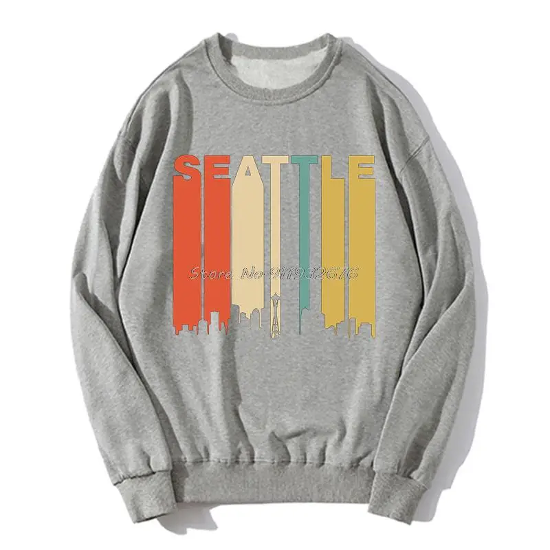 Vintage Retro 1970'S Style Seattle Washington Cityscape Downtown Skyline Men O-neck Hoodies Fleece Sweater Sweatshirt Streetwear