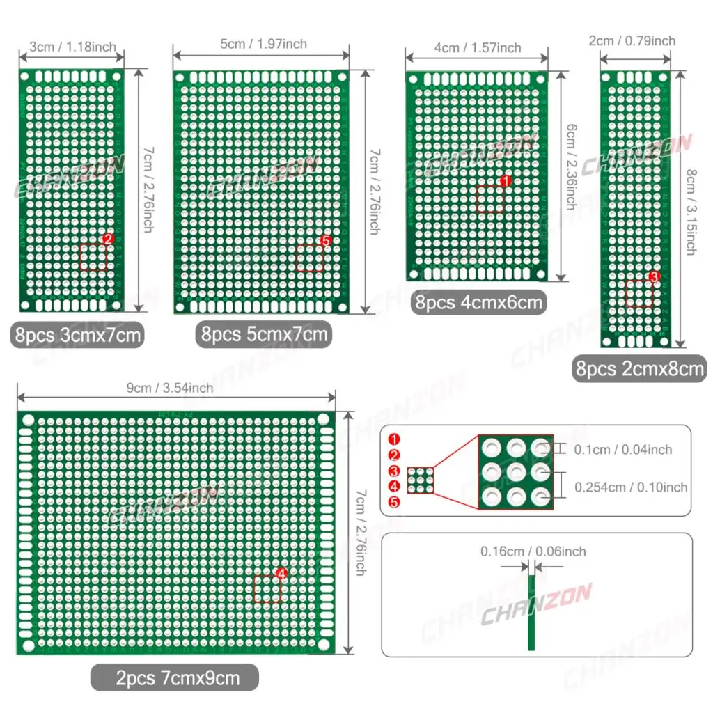 34 Pcs ( 2X8 3X7 4X6 5X7 7x9 cm ) Double Sided Printed Universal Circuit PCB Board Tinned Prototype Kit FR4 Perfboard Assortment