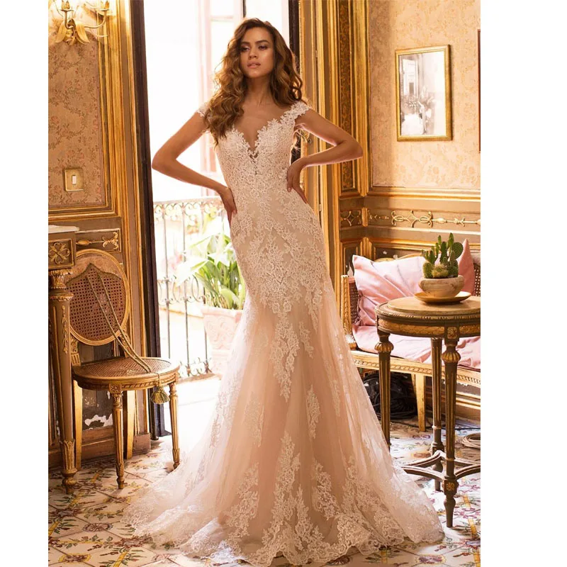 Vestido de casamento sereia personalizado, comprimento até o chão, mangas, apliques de renda, botões de tule, feito sob encomenda, estilo clássico, vestidos de noiva
