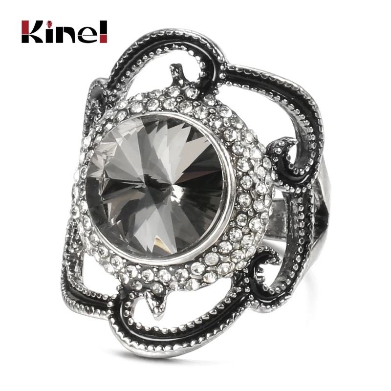 Kinel Fashion Gray Crystal Stone Flowers Female Ring Tibetan Silver Ethnic Wedding Vintage Jewelry