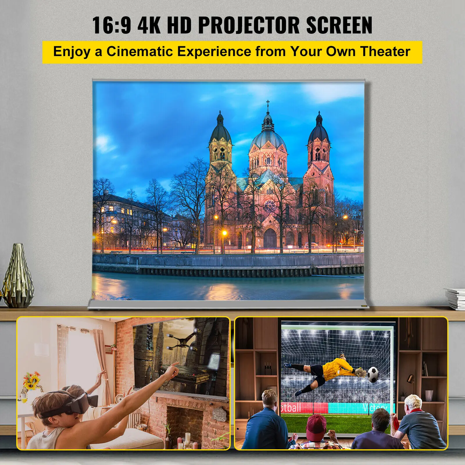 VEVOR 70 110 schermo per proiettore Roll-Up da 120 pollici da pavimento 16:9 8K/4K HD Home Cinema portatile per proiezione interna ed esterna