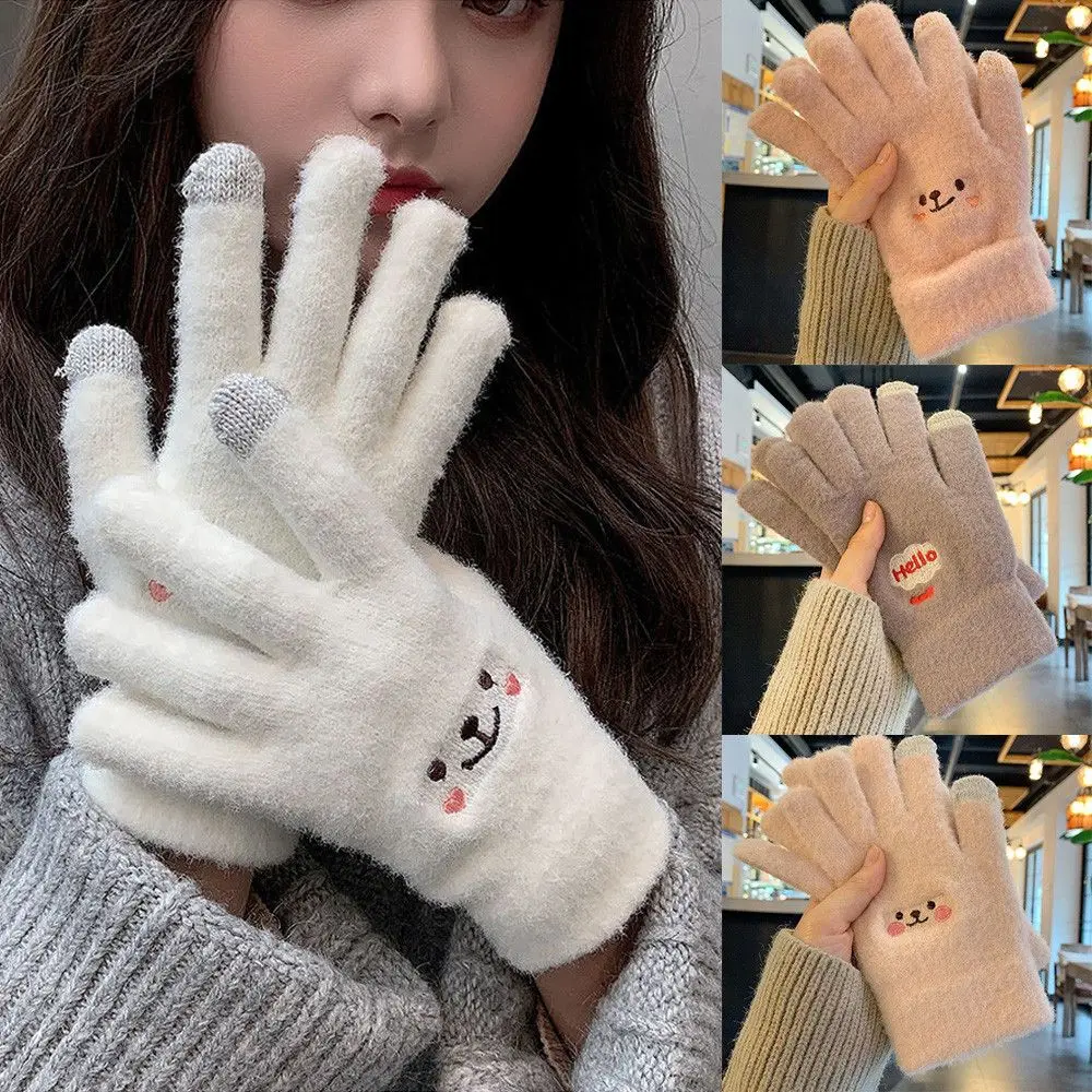 Cashmere Thicken Stretch Knitted Touch Screen Women's Gloves Full Finger Skiing Gloves