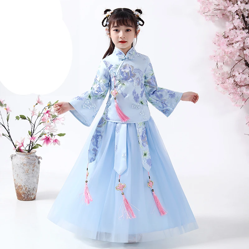 Girl's Han Fu Chinese Style Embroidery Flower Girl Dress For wedding party Evening birthday Dresses Baby Girl Graduation Dress