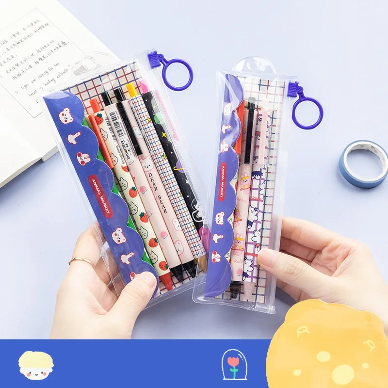 6pcs Cartoon Pens with Pencil Bag Set 0.5mm Ballpoint Cute Prince Sweet Fruit Girl Black Color Ink Writing Office School A6518