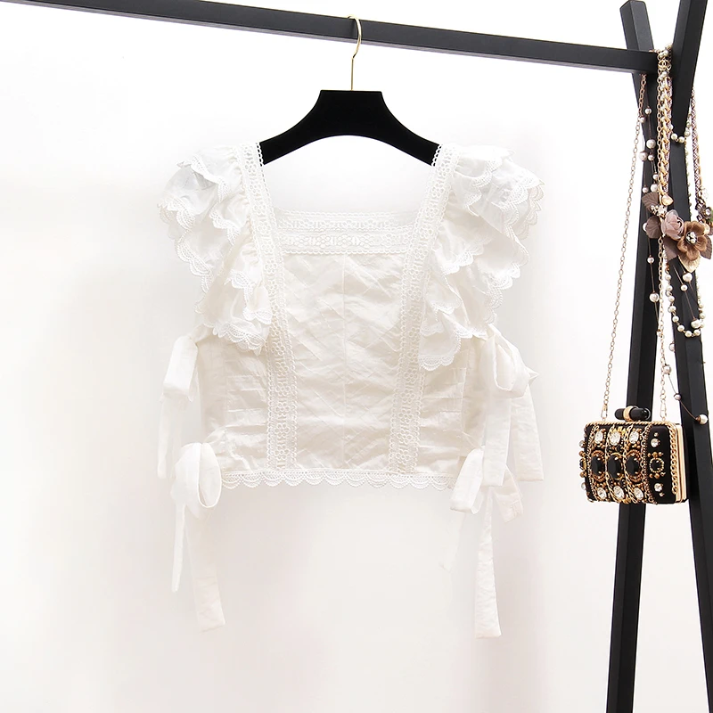 2024 Summer Sexy Hollow Out Embroidery Lace Set Women\'s Suits Ruffles Short Sleeve Tops + White Mini Short Skirts 2 Piece Sets