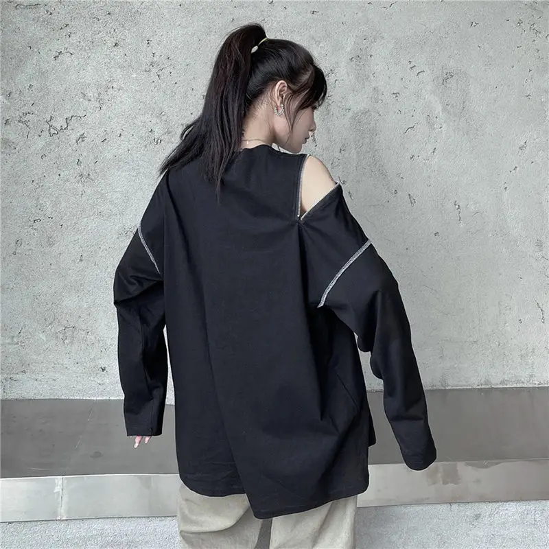 Spring Summer Streetwear Solid Long Sleeves T Shirt Women Double Oblique Zipper Hollow Shoulder Tshirts Casual Oversized Top Tee