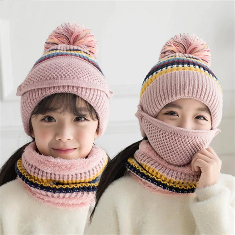 Winter Girls Hat And Scarf Set Child Warm Plush Knit Pom Pom Cap Scarves With Mask Big Kids Stripe Circular Scarf Hat  5-12T