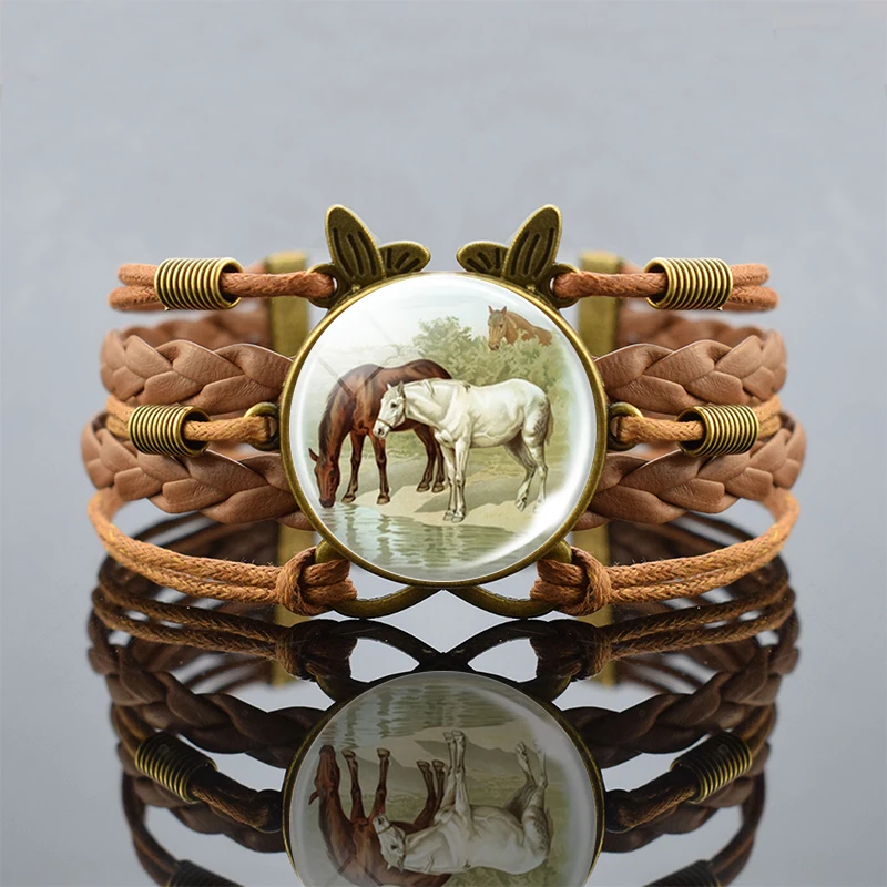 Horse Pattern Glass Dome Brown Leather Bracelet Horse Head Art Infinity Butterfly Bangle Bracelet Jewelry Animal Birthday Gift