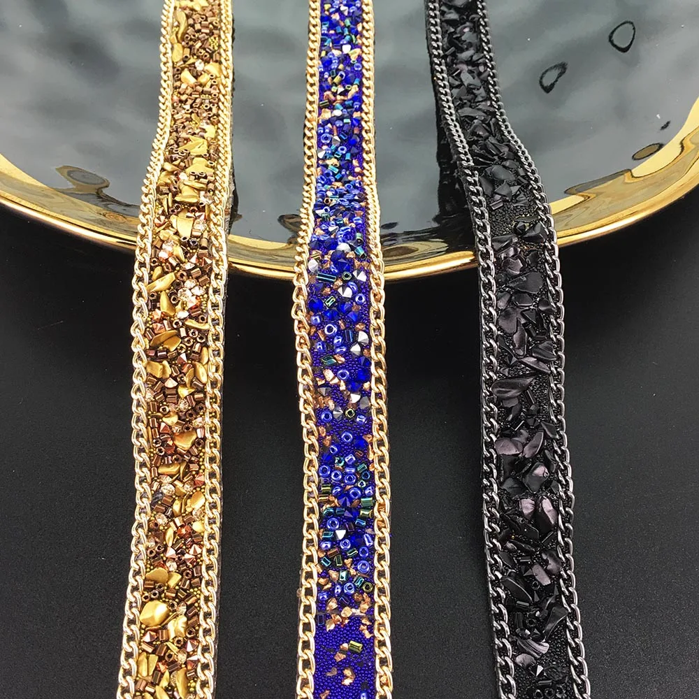 2yard black blue gold crystal rhinestone trimmed chain ribbon for dresses, bags, shoe accessories TZ131415