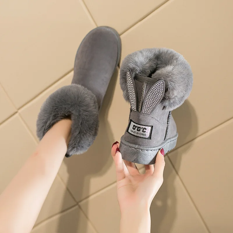 Fashion Faux Fur Winter Snow Boots Women\'s Flat Heel Ankle Boots Rhinestone Rabbit Ear Cotton Shoes Warm Women Boots WSH4263