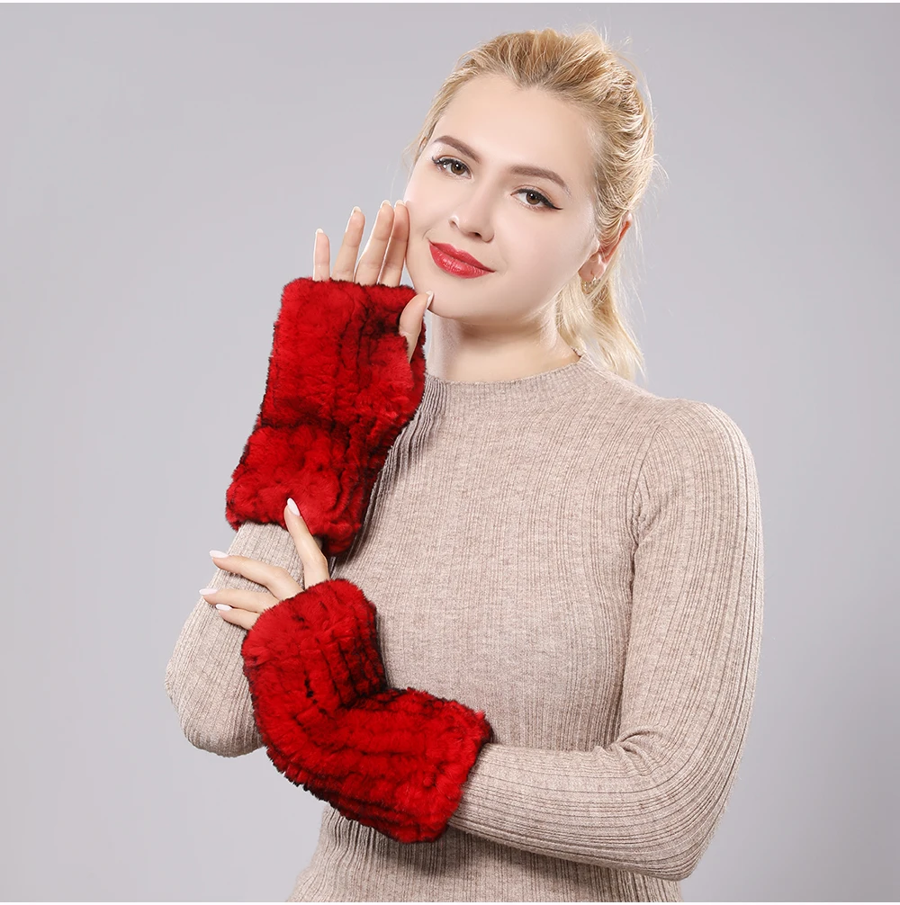New Women 100% Real Genuine Knitted Rex Rabbit Fur Mittens Winter Warm Lady Real Fur Fingerless Gloves Handmade Knit Fur Mitten