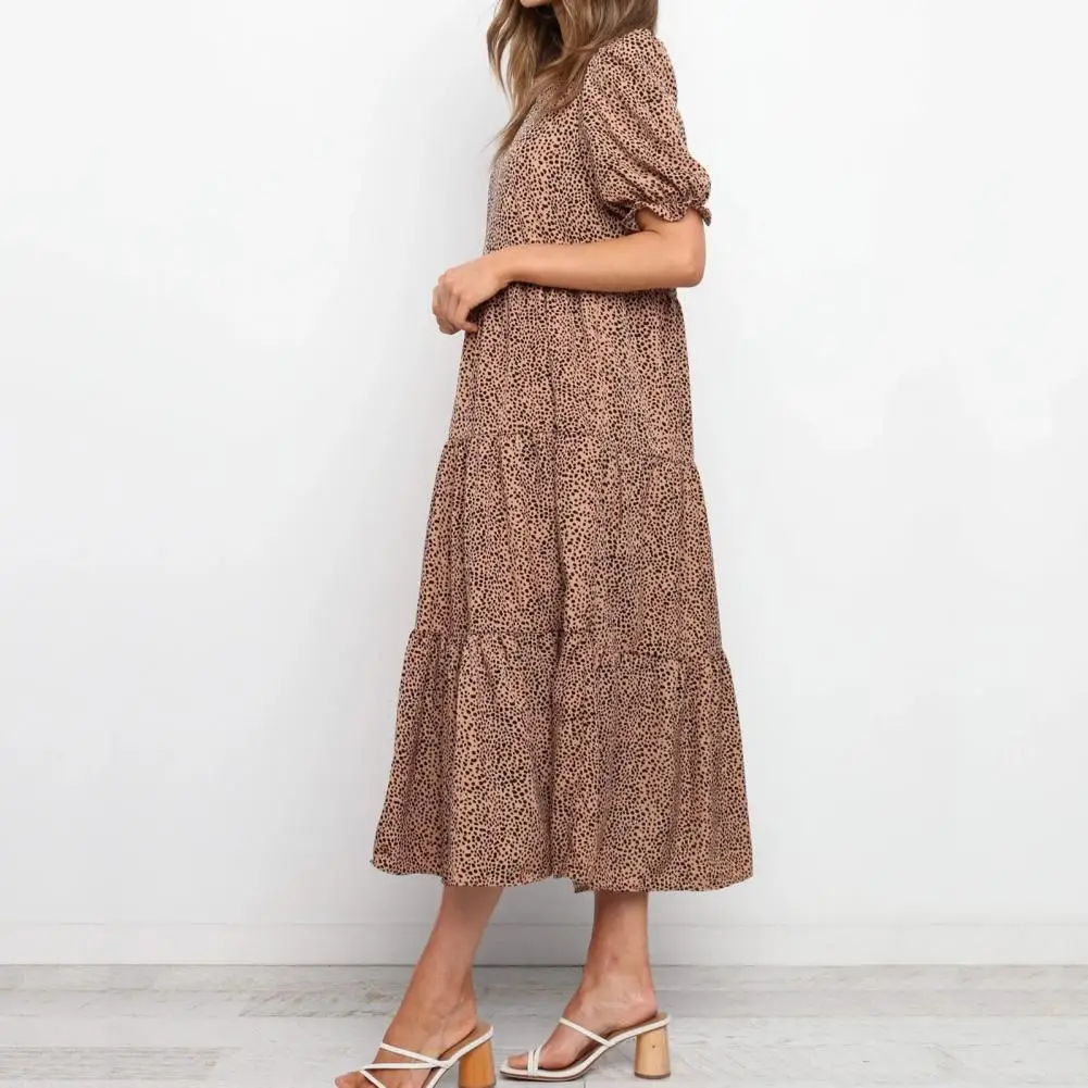 Leopard Large Hem Puff Lengan Pendek O-neck Longgar Midi Dress Sundress untuk Pakaian Sehari-hari