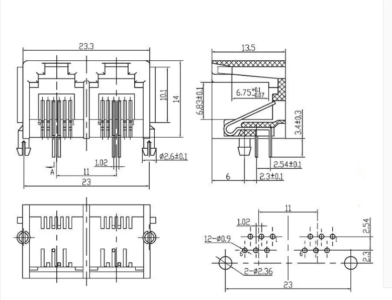20pcs RJ11 telephone socket 6 core RJ12 crystal head mother phone double socket 6P6C gray 2 connected