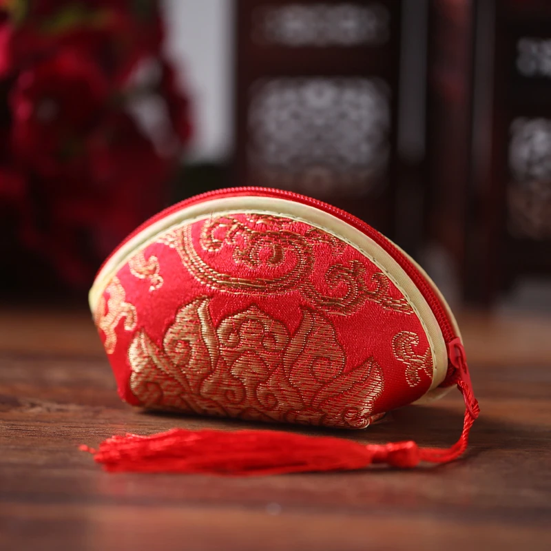 Wedding Favor Boxes with Tassel, Chinese Style, Red Embroidered Silk Satin Bags, Shell Brocade Wallet, Candy Box, 10 PCs/Lot