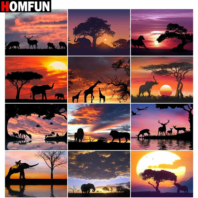 

HOMFUN Diamond Painting Full Square/Round Drill 5D DIY "Africa Elephant Animals Sunset" Embroidery Rhinestone Cross Stitch Decor