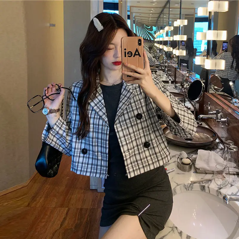 Giacche ritagliate donna Chic Plaid estate Trendy coreano Vintage doppio petto capispalla donna abbigliamento Casual Casual All-match