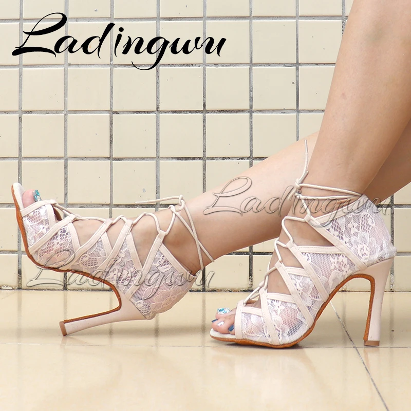 Ladingwu Lace Dance Shoes Women Beige Suede Latin Dance Shoes Ballroom Salsa Professional Performance Dance Shoes