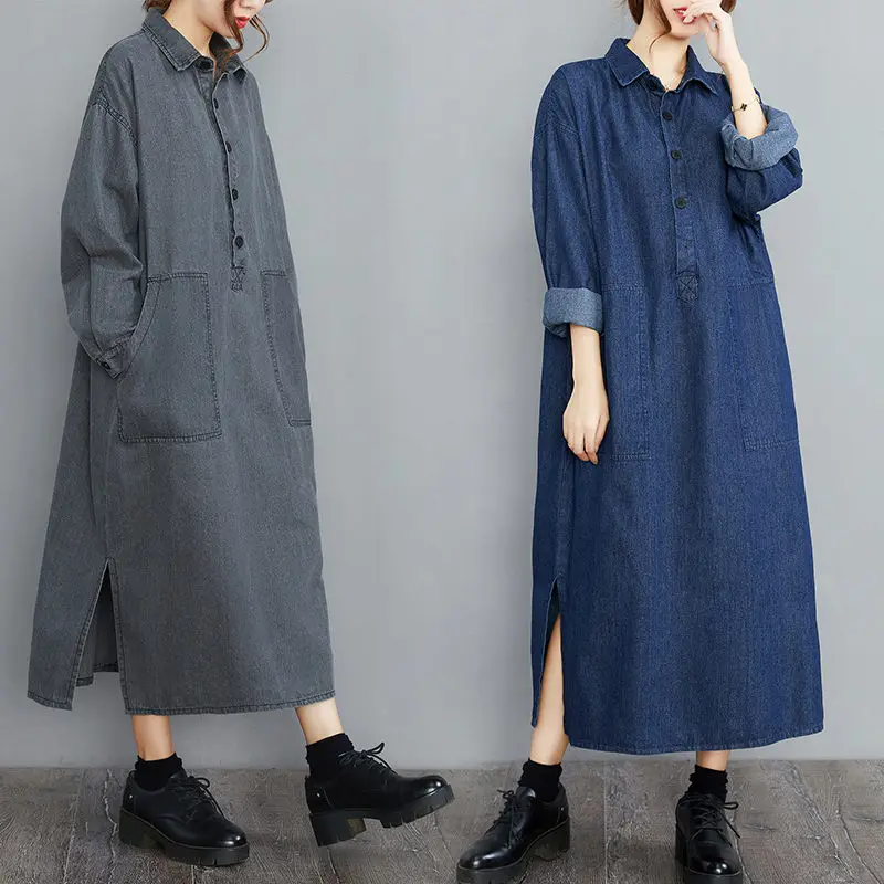 Vintage Denim Dress Long Sleeve Korean Women Casual Clothing 2021 Spring Autumn Loose Button Up Pockets Female Tunic Tops M512