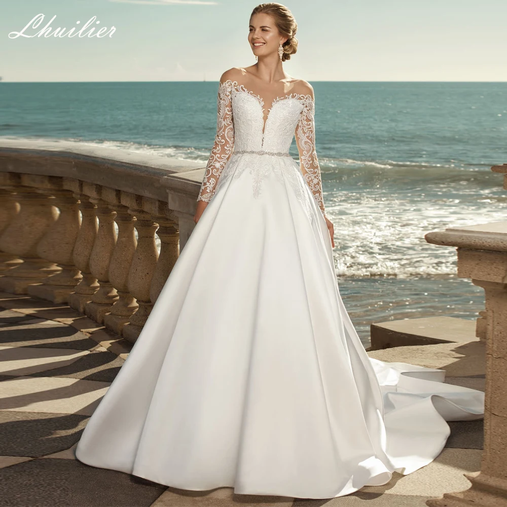 

Lhuilier Customized Women's A Line Satin Wedding Dresses Floor Length Full Sleeves Lace Appliques Bridal Gowns with Belt