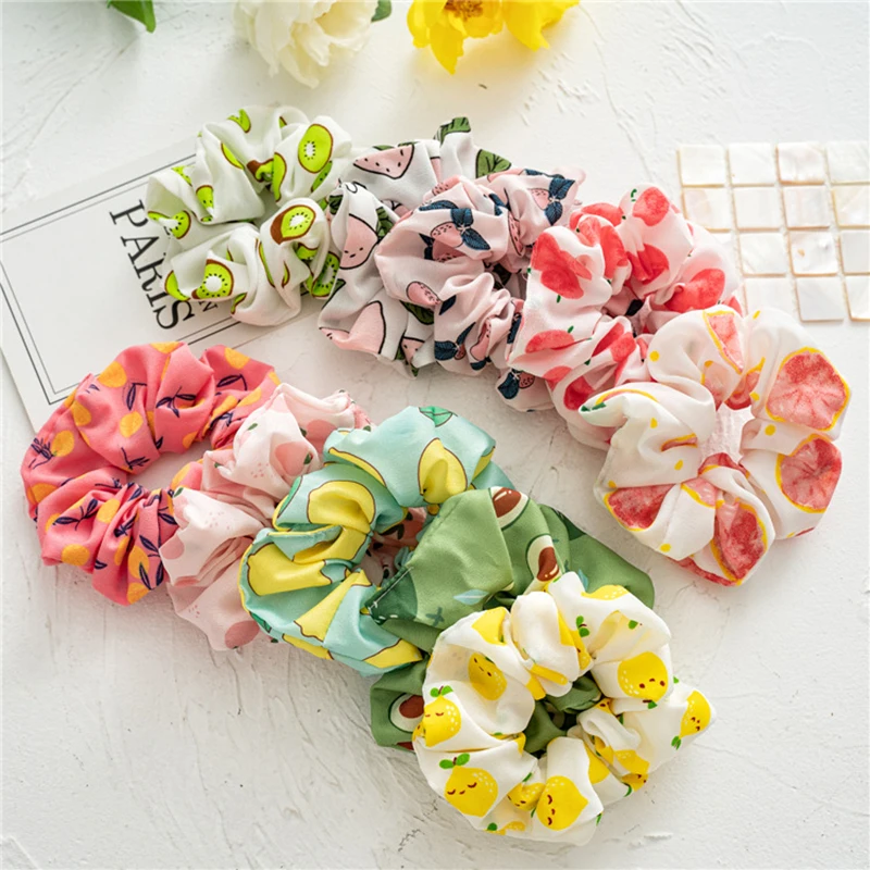 Korea Sweet Cute Avocado Fruit Print Floral Scrunchies For Women Hair Accessories Elastic Hair Rubber Band Hair Rope Hair Ring