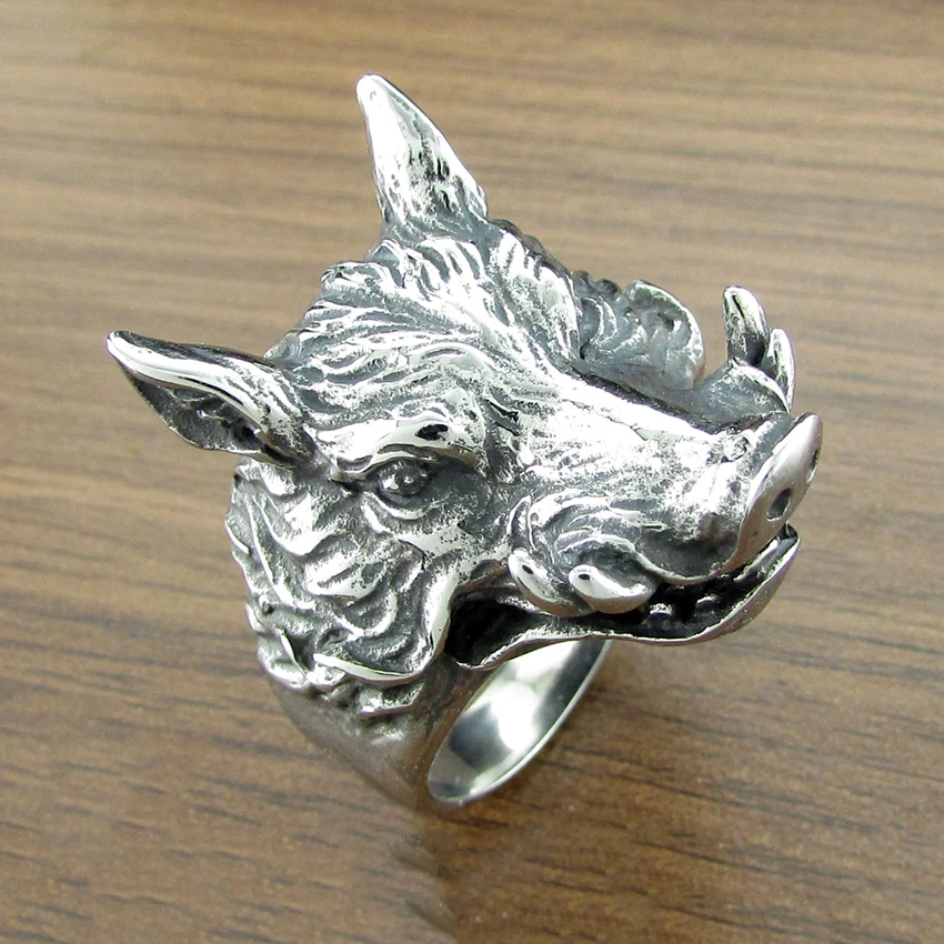 Punk Silver Color Black  Golden Plated 316L Stainless Steel Hop Men\'s Wild Boar Head Ring Animal Jewelry