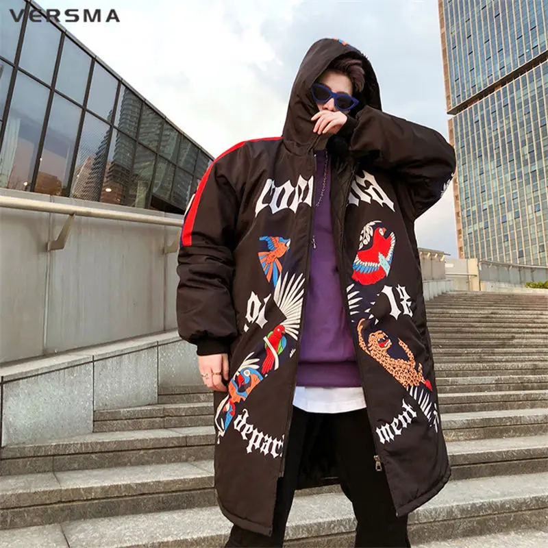 VERSMA Japanese Harajuku Graffiti Print Mens Long Winter Jackets Parkas Men Winter Hooded Hip Hop Warm Jacket Coat Dropshipping