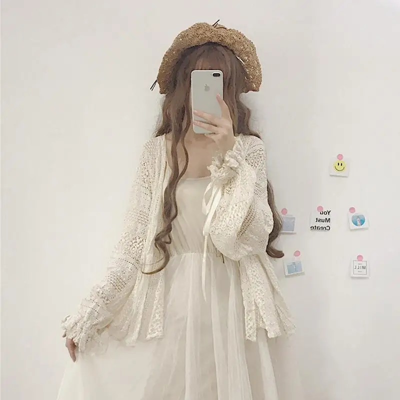 Shirts Women Long Butterfly Sleeve Hook Flower Hollow Solid Kawaii Fairy Retro Lace Thin Fashion Leisure Ulzzang Elegant Chic