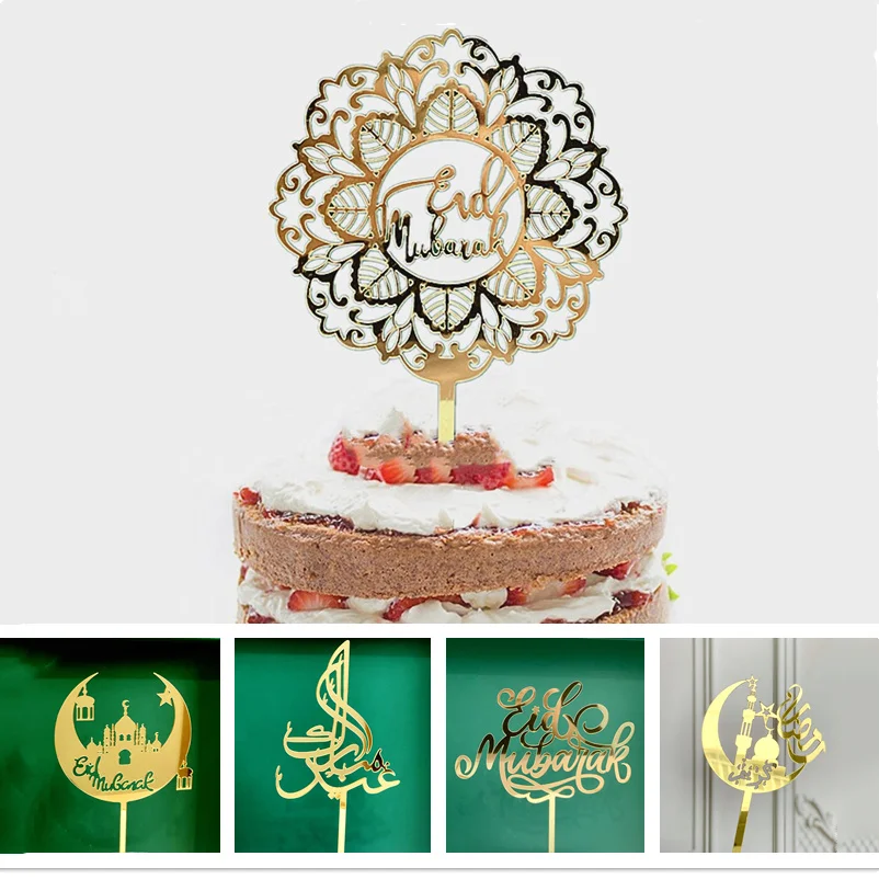 New Eid Mubarak Cake Topper Gold Silver Acrylic Muslim ramadan Cupcake Topper Decorations for Hajj Mubarak Cake Baking Supplies