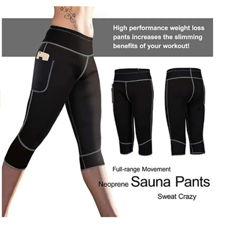 Neoprene Capris Sports Trousers Fitness Pants Tight Running Shorts Cropped Bodybuilding Sweat Yoga Pants with Side pocket