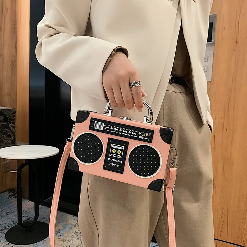 Unusual Women\'s Party Bag 2021 Hit Personality Fashion Handbag Leather Radio Shape Small Square Bags Hip Hop Shoulder Bag Woman