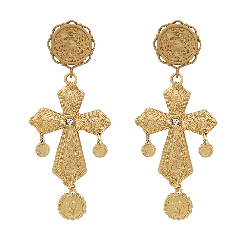 Gold Color Long Drop Big Cross Earring Vintage Pendant Dangle Earrings for Women Fashion Rhinestone Retro Jewelry