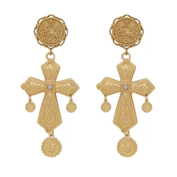 Gold Color Long Drop Big Cross Earring Vintage Pendant Dangle Earrings for Women Fashion Rhinestone Retro Jewelry