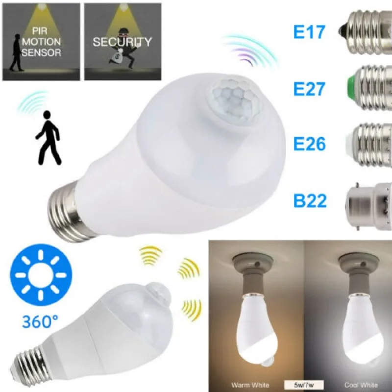 

5pcs 5W 7W 360° Rotatable LED PIR Motion Sensor Light Bulb E27 E26 B22 Human Body Induction Lamp corridor Light Stairway Lamp