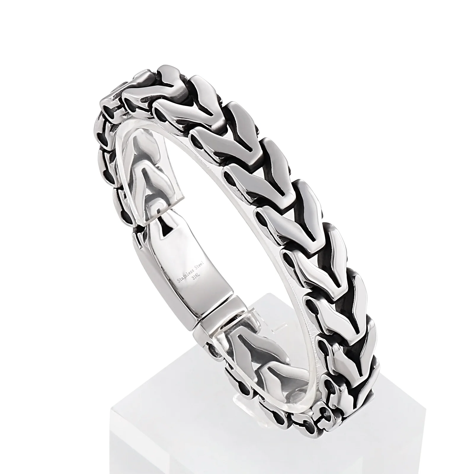 Fongten Geometric Design Viking Bracelet For Men Vintage Matte Black Stainless Steel Punk Daily Party Male Jewelry