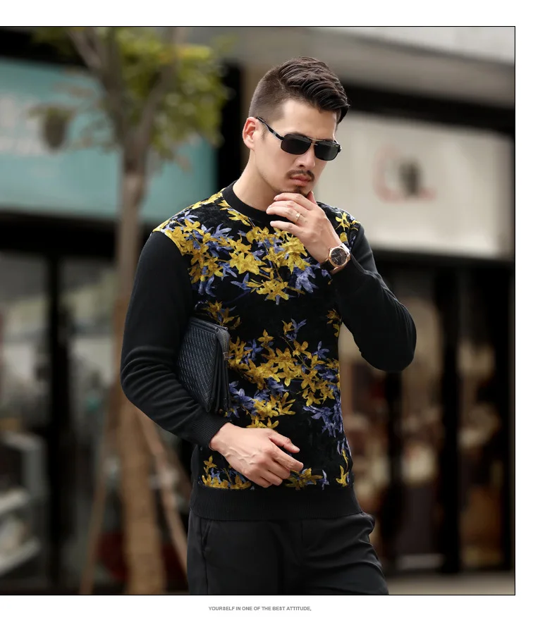 

Thick Warm Mens Autumn Winter Thermal T Soft Velvet Long Sleeve Floral Print Slim Casual Velour Tops Tee Shirt